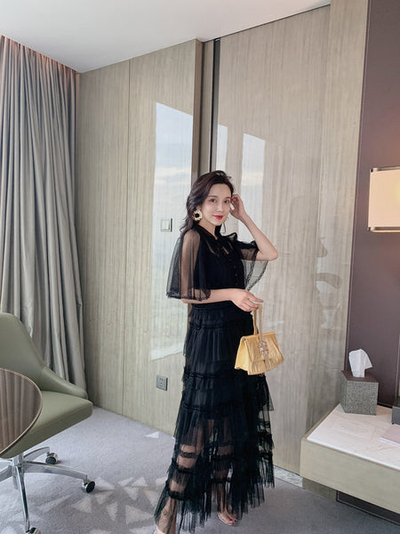 Fairy Summer Charm Women Black Collar Ruffle Lace Mesh Cake A Line Long Dress