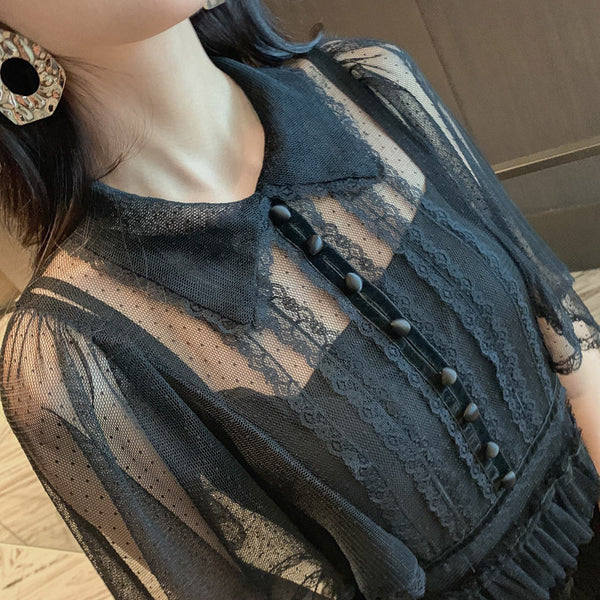 Fairy Summer Charm Women Black Collar Ruffle Lace Mesh Cake A Line Long Dress