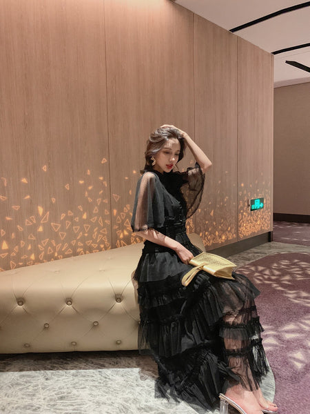 Fairy Summer Charm Women Black Collar Ruffle Lace Mesh Cake A Line Long Dress