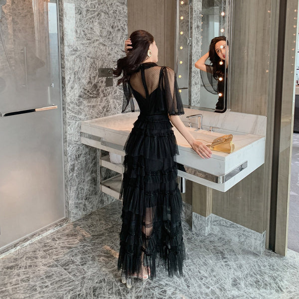 Fairy Summer Charm Women Black Collar Ruffle Lace Mesh Cake A Line Long Dress