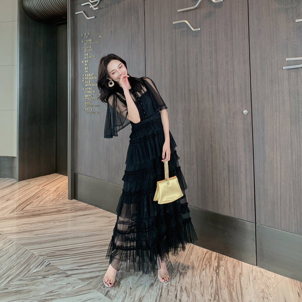 Fairy Summer Charm Women Black Collar Ruffle Lace Mesh Cake A Line Long Dress