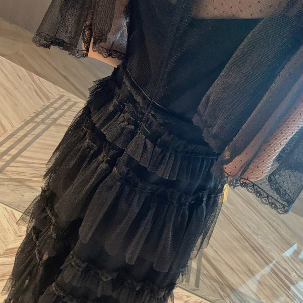 Fairy Summer Charm Women Black Collar Ruffle Lace Mesh Cake A Line Long Dress