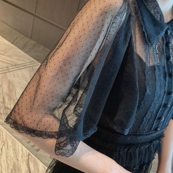 Fairy Summer Charm Women Black Collar Ruffle Lace Mesh Cake A Line Long Dress