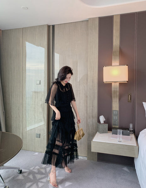 Fairy Summer Charm Women Black Collar Ruffle Lace Mesh Cake A Line Long Dress