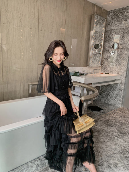 Fairy Summer Charm Women Black Collar Ruffle Lace Mesh Cake A Line Long Dress