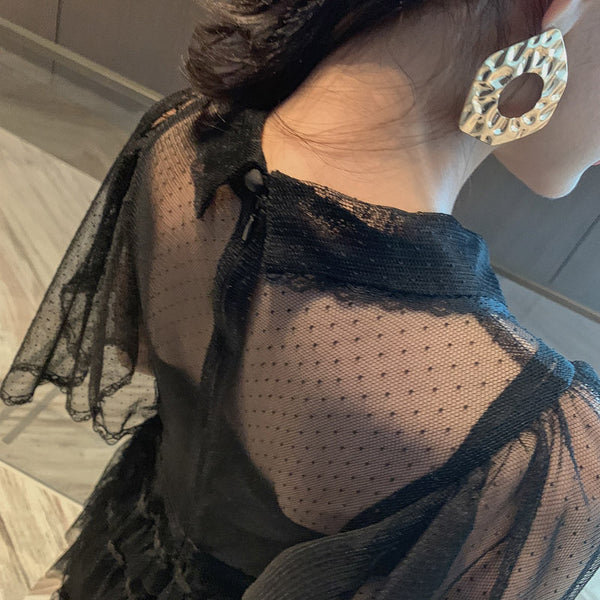 Fairy Summer Charm Women Black Collar Ruffle Lace Mesh Cake A Line Long Dress