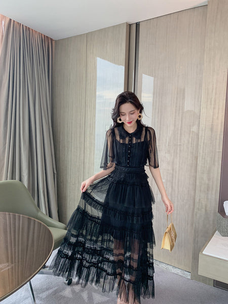 Fairy Summer Charm Women Black Collar Ruffle Lace Mesh Cake A Line Long Dress