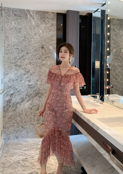 Fairy Summer Sweet Elegant Women Romantic Ruffle Floral Lace Fishtail Pleated Long Dress