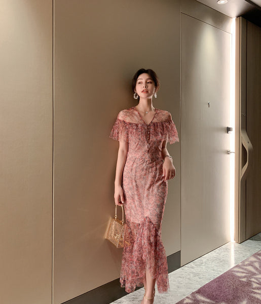 Fairy Summer Sweet Elegant Women Romantic Ruffle Floral Lace Fishtail Pleated Long Dress