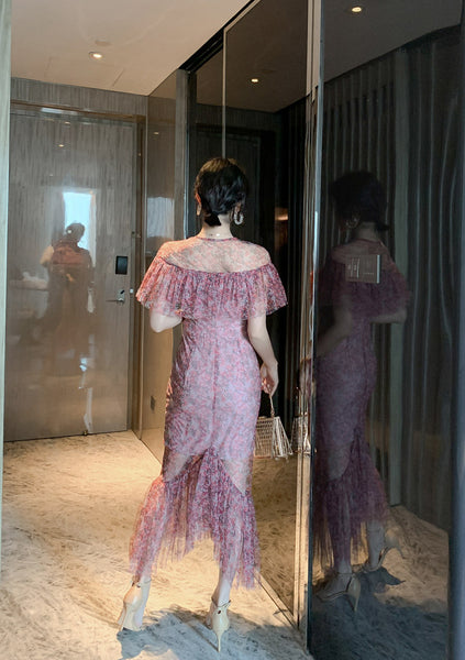 Fairy Summer Sweet Elegant Women Romantic Ruffle Floral Lace Fishtail Pleated Long Dress