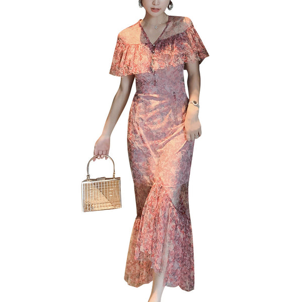 Fairy Summer Sweet Elegant Women Romantic Ruffle Floral Lace Fishtail Pleated Long Dress