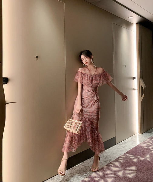 Fairy Summer Sweet Elegant Women Romantic Ruffle Floral Lace Fishtail Pleated Long Dress