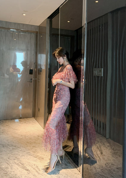 Fairy Summer Sweet Elegant Women Romantic Ruffle Floral Lace Fishtail Pleated Long Dress