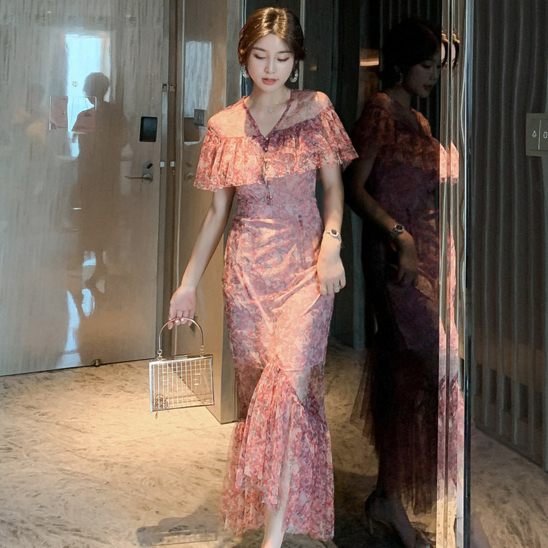 Fairy Summer Sweet Elegant Women Romantic Ruffle Floral Lace Fishtail Pleated Long Dress