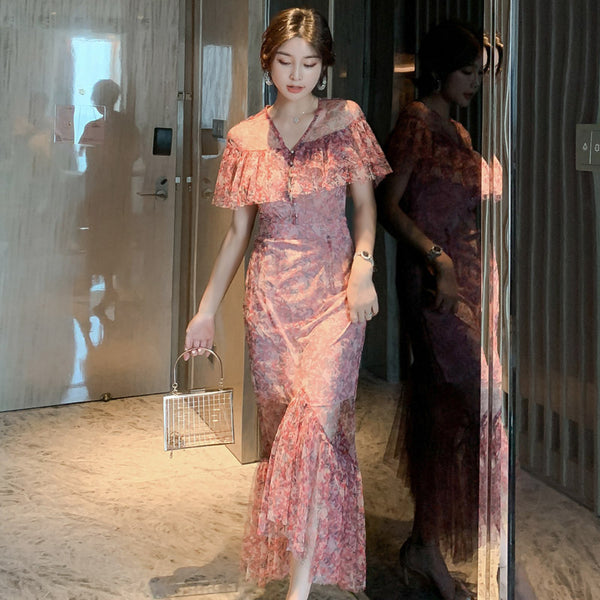 Fairy Summer Sweet Elegant Women Romantic Ruffle Floral Lace Fishtail Pleated Long Dress