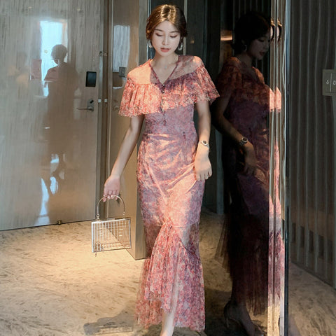 Fairy Summer Sweet Elegant Women Romantic Ruffle Floral Lace Fishtail Pleated Long Dress