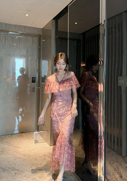 Fairy Summer Sweet Elegant Women Romantic Ruffle Floral Lace Fishtail Pleated Long Dress