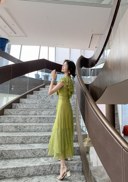 Summer Women Green Ruffles Spliced Sleeveless Waist Polka Dot Pleated Long Dress