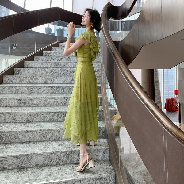 Summer Women Green Ruffles Spliced Sleeveless Waist Polka Dot Pleated Long Dress