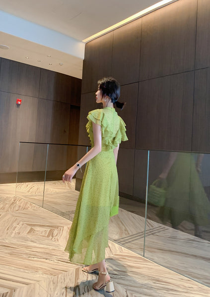 Summer Women Green Ruffles Spliced Sleeveless Waist Polka Dot Pleated Long Dress