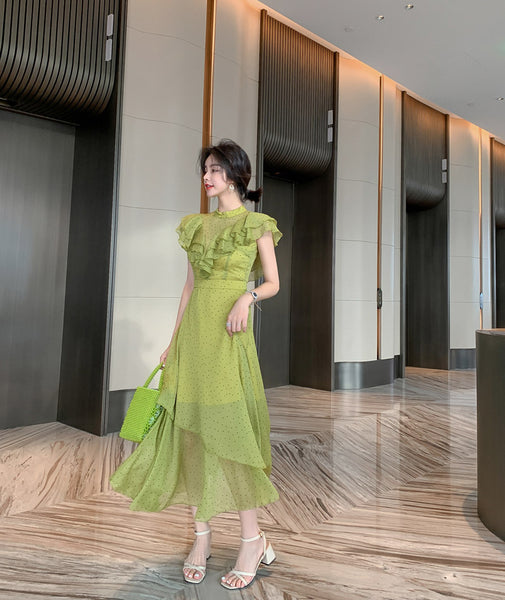 Summer Women Green Ruffles Spliced Sleeveless Waist Polka Dot Pleated Long Dress