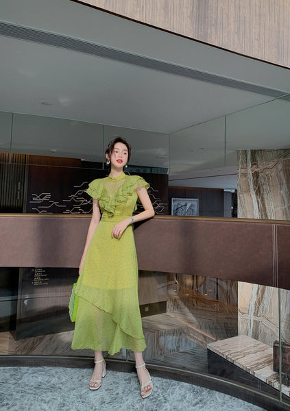 Summer Women Green Ruffles Spliced Sleeveless Waist Polka Dot Pleated Long Dress