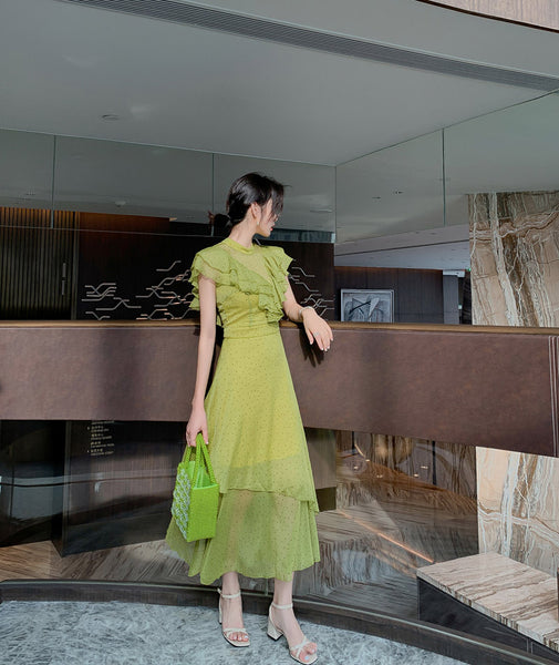 Summer Women Green Ruffles Spliced Sleeveless Waist Polka Dot Pleated Long Dress