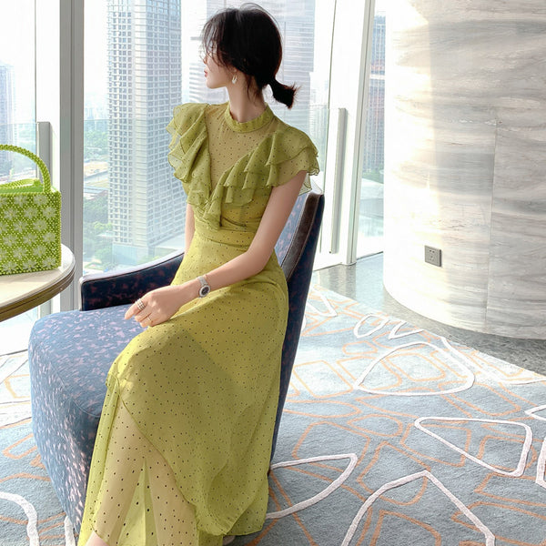 Summer Women Green Ruffles Spliced Sleeveless Waist Polka Dot Pleated Long Dress