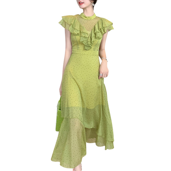 Summer Women Green Ruffles Spliced Sleeveless Waist Polka Dot Pleated Long Dress