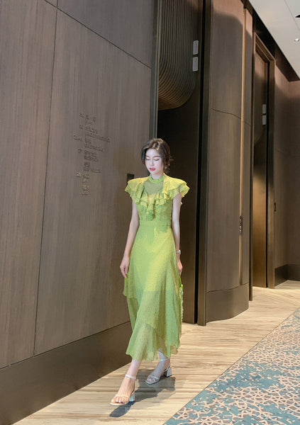 Summer Women Green Ruffles Spliced Sleeveless Waist Polka Dot Pleated Long Dress