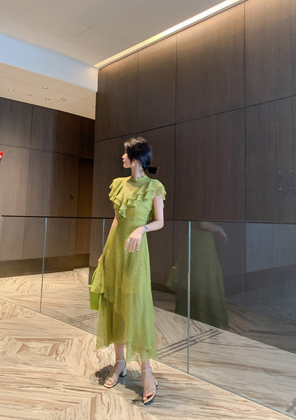 Summer Women Green Ruffles Spliced Sleeveless Waist Polka Dot Pleated Long Dress