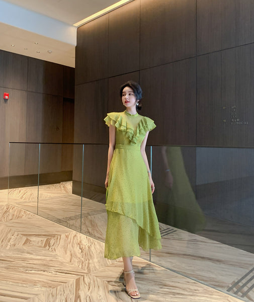 Summer Women Green Ruffles Spliced Sleeveless Waist Polka Dot Pleated Long Dress