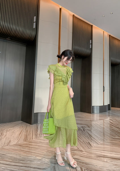 Summer Women Green Ruffles Spliced Sleeveless Waist Polka Dot Pleated Long Dress
