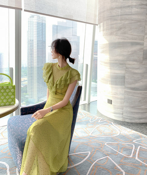 Summer Women Green Ruffles Spliced Sleeveless Waist Polka Dot Pleated Long Dress