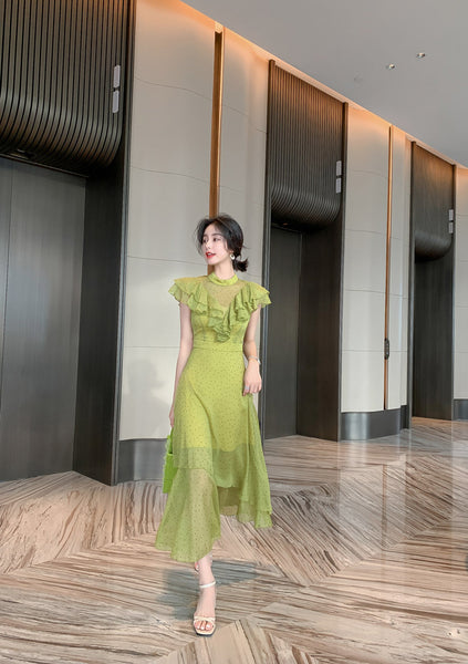 Summer Women Green Ruffles Spliced Sleeveless Waist Polka Dot Pleated Long Dress