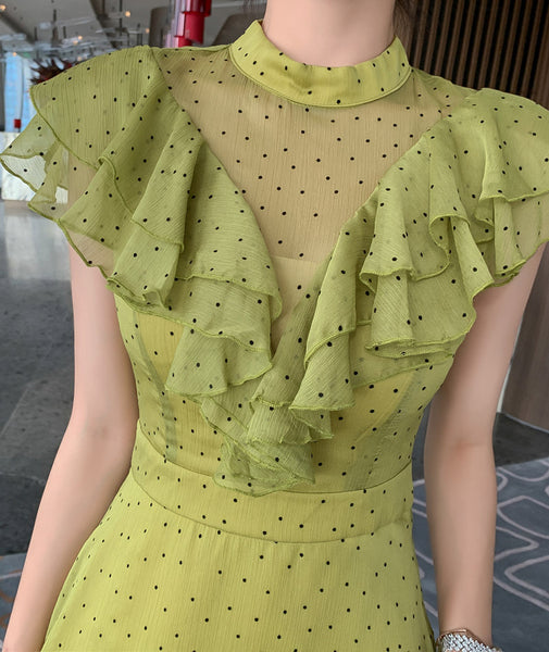 Summer Women Green Ruffles Spliced Sleeveless Waist Polka Dot Pleated Long Dress