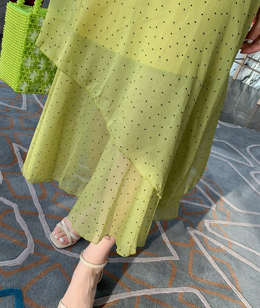 Summer Women Green Ruffles Spliced Sleeveless Waist Polka Dot Pleated Long Dress