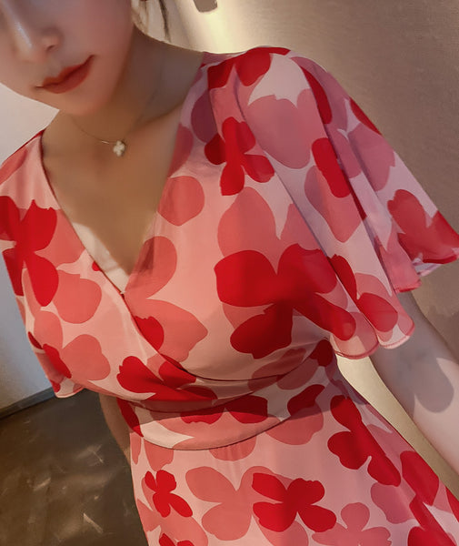 Boho Holiday Summer Chiffon V neck Backless Red Floral Maxi Long Wrap Dress