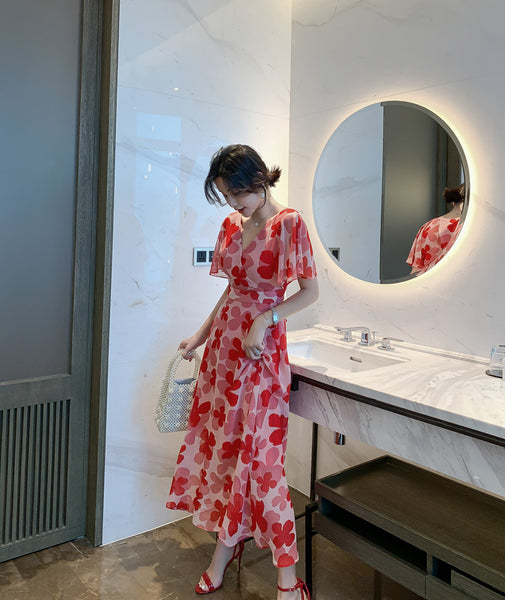 Boho Holiday Summer Chiffon V neck Backless Red Floral Maxi Long Wrap Dress