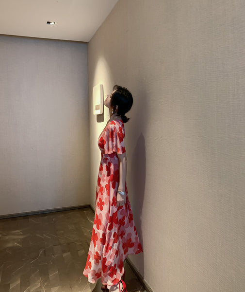 Boho Holiday Summer Chiffon V neck Backless Red Floral Maxi Long Wrap Dress