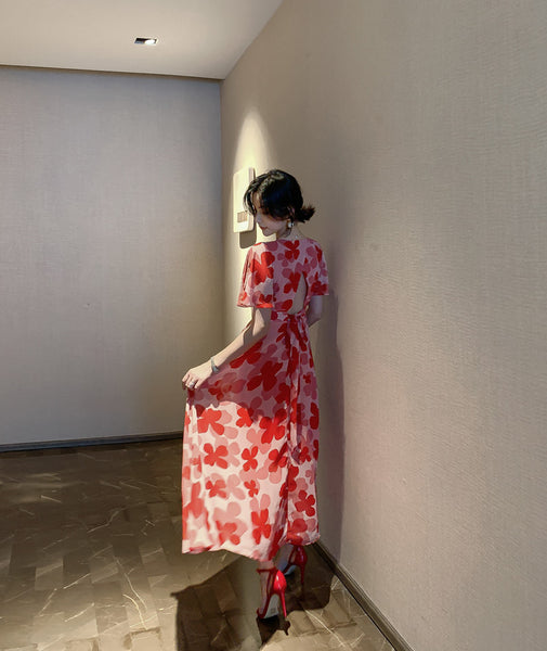 Boho Holiday Summer Chiffon V neck Backless Red Floral Maxi Long Wrap Dress