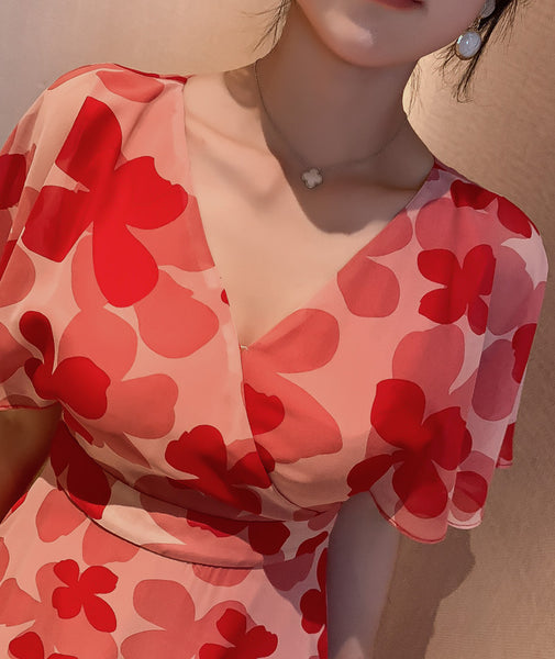 Boho Holiday Summer Chiffon V neck Backless Red Floral Maxi Long Wrap Dress