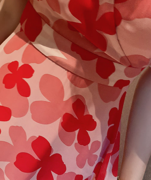 Boho Holiday Summer Chiffon V neck Backless Red Floral Maxi Long Wrap Dress