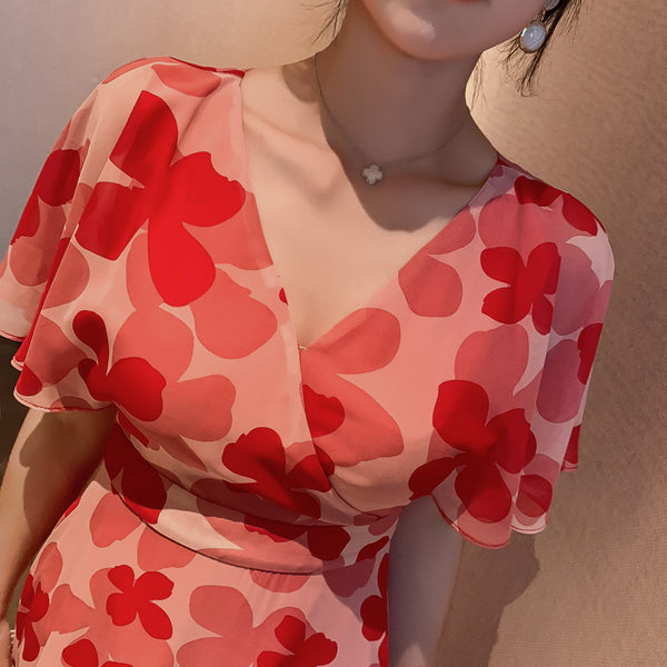 Boho Holiday Summer Chiffon V neck Backless Red Floral Maxi Long Wrap Dress