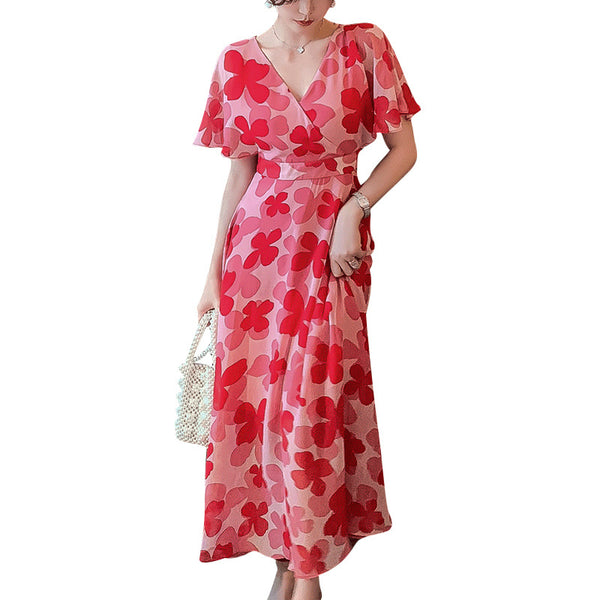 Boho Holiday Summer Chiffon V neck Backless Red Floral Maxi Long Wrap Dress
