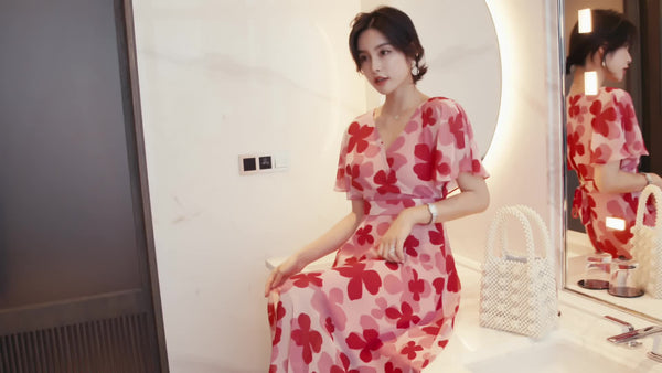 Boho Holiday Summer Chiffon V neck Backless Red Floral Maxi Long Wrap Dress