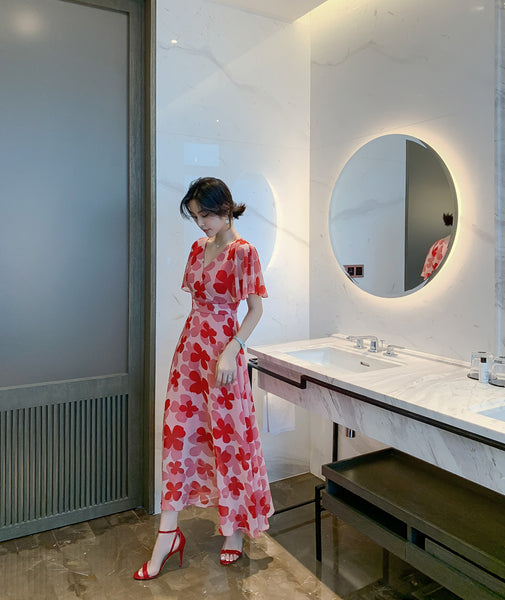 Boho Holiday Summer Chiffon V neck Backless Red Floral Maxi Long Wrap Dress