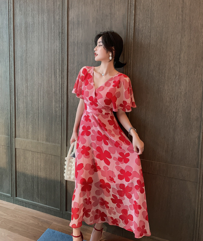 Boho Holiday Summer Chiffon V neck Backless Red Floral Maxi Long Wrap Dress
