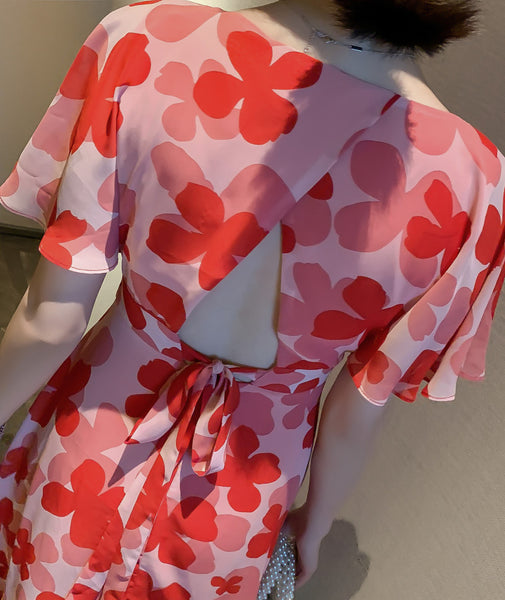 Boho Holiday Summer Chiffon V neck Backless Red Floral Maxi Long Wrap Dress