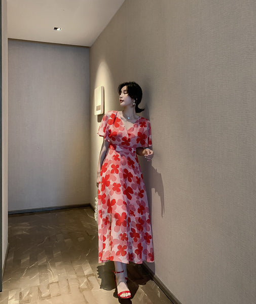 Boho Holiday Summer Chiffon V neck Backless Red Floral Maxi Long Wrap Dress